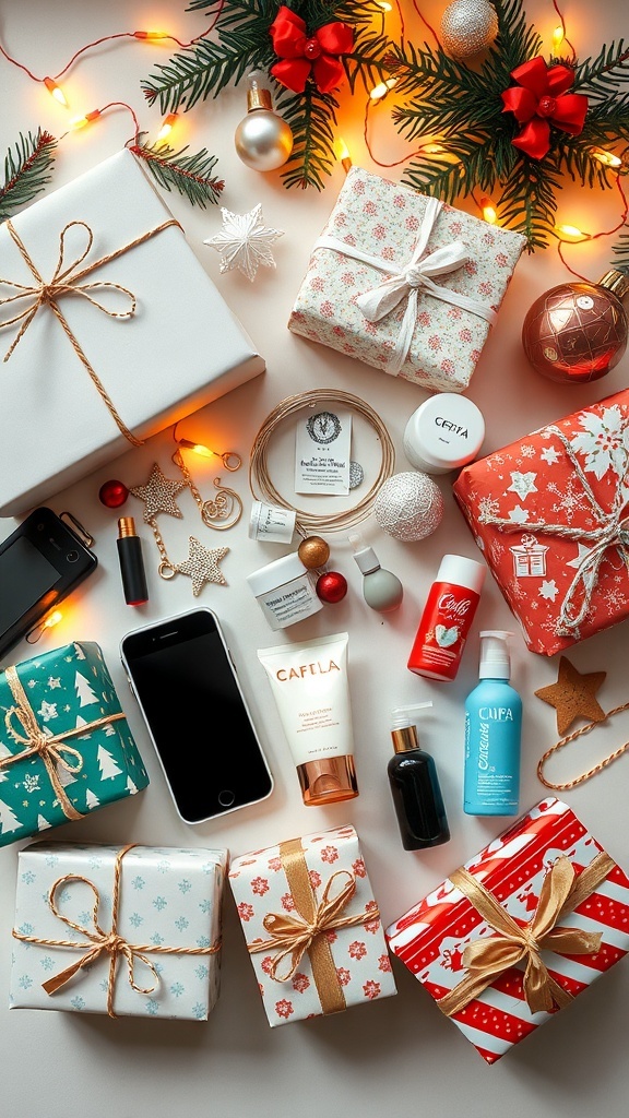 A flat lay of Christmas gifts including gadgets, jewelry, and self-care items, surrounded by holiday decorations.